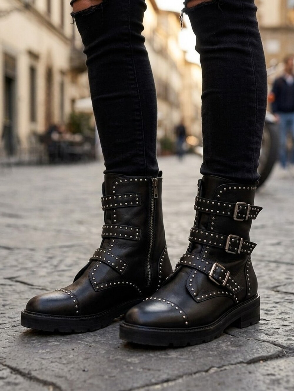 {Stewart Weizman} Jesse Lift Studded Black Leather Buckle Combat Boots - 9.5
